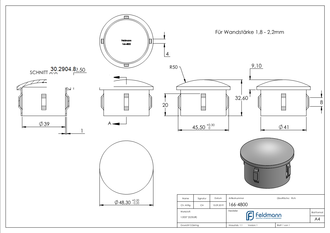 Stahlstopfen - leicht gewoelbt - fuer Ø 48-3x1-8-2-2 mm - Stah S235JR- roh-30-2904.8