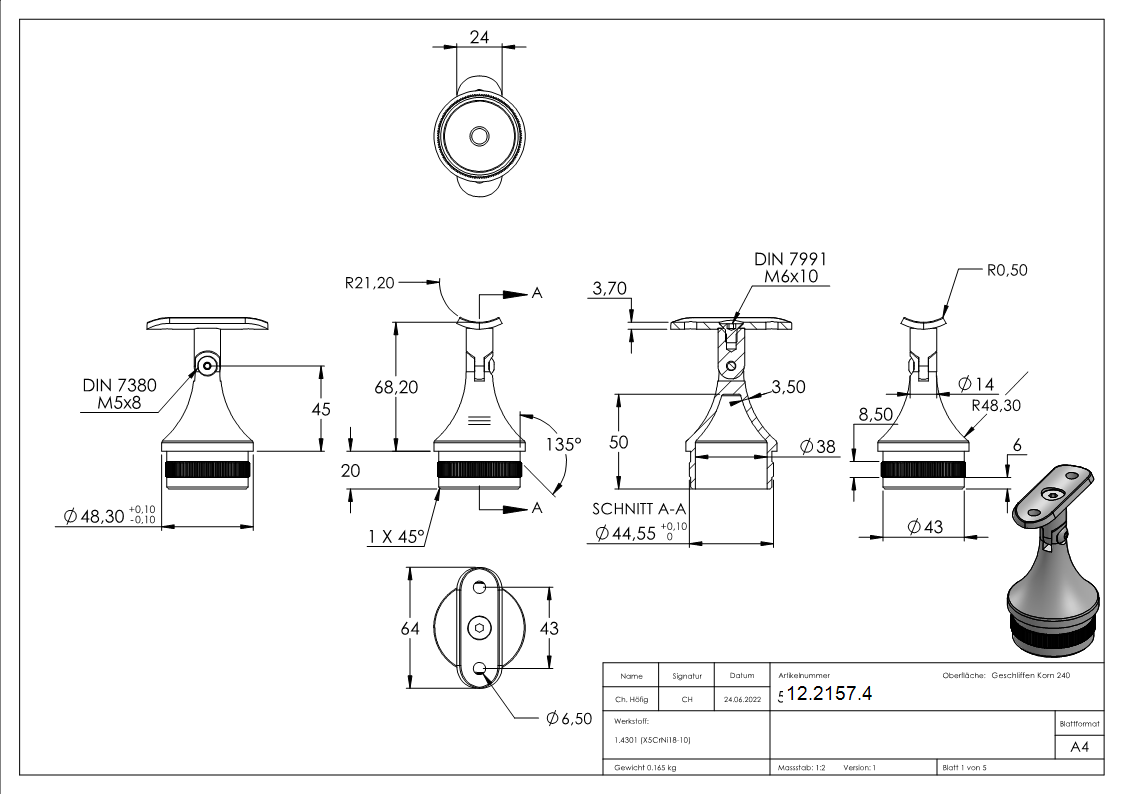 Stuetze mit Gelenk und Halteplatte fuer Rundrohr V2A-12-2157.4