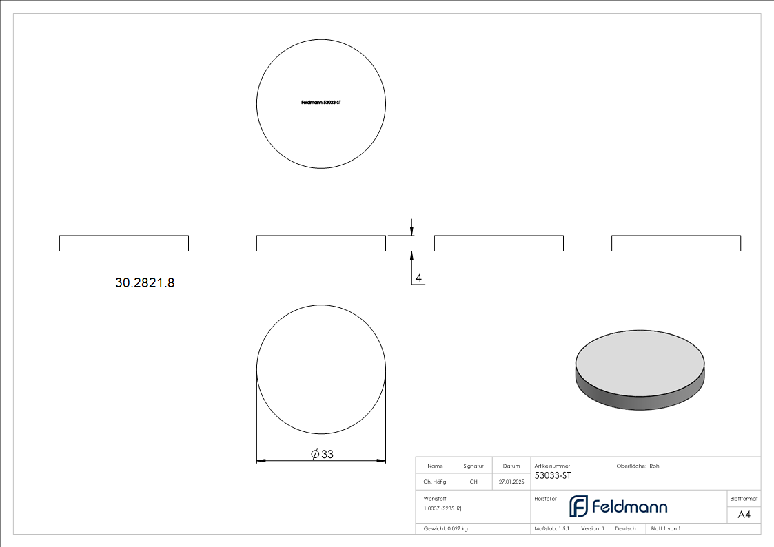 Ronde - Ø 33x4 mm - Stahl S235JR- roh-30-2821.8