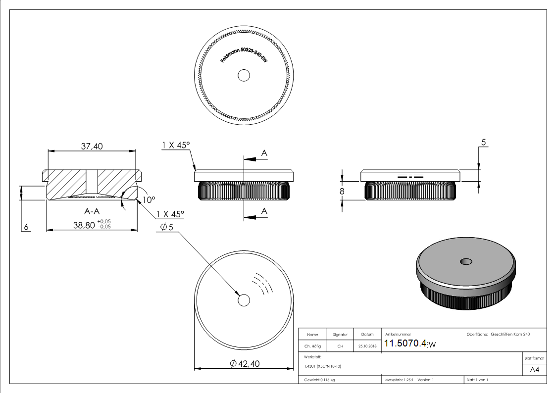 Rohrstopfen fuer Ø 42-4x2-0 mm flach zum Einschlagen V2A-11-5070.4