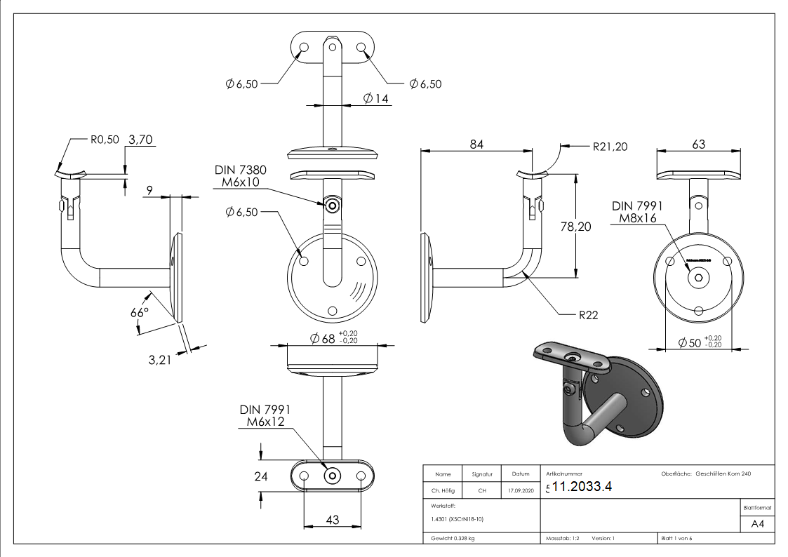 Handlaufhalter mit Gelenk und Halteplatte fuer Ø 42-4 mm V2A-11-2033.4