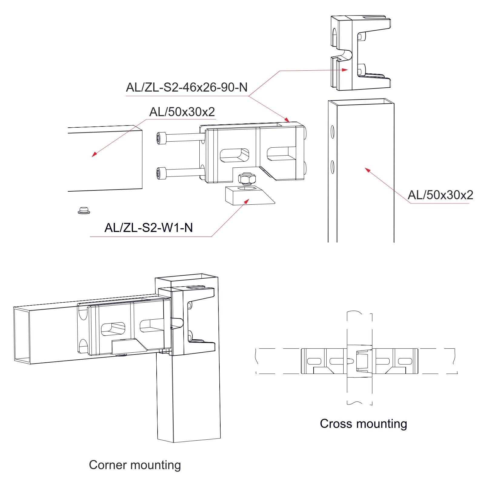Eckverbinder Aluminium fuer Profil 50x30 90 Grad Roh-89-11ALZLS246X2690N-A.4