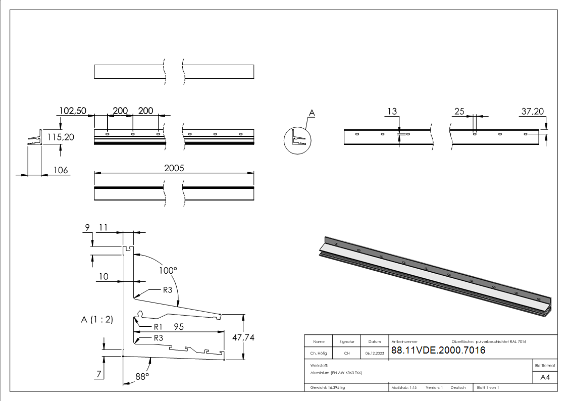 Vordachprofil Aluminium L = 2005 mm pulverbeschichtet RAL 7016-88-11VDE-2000.7016