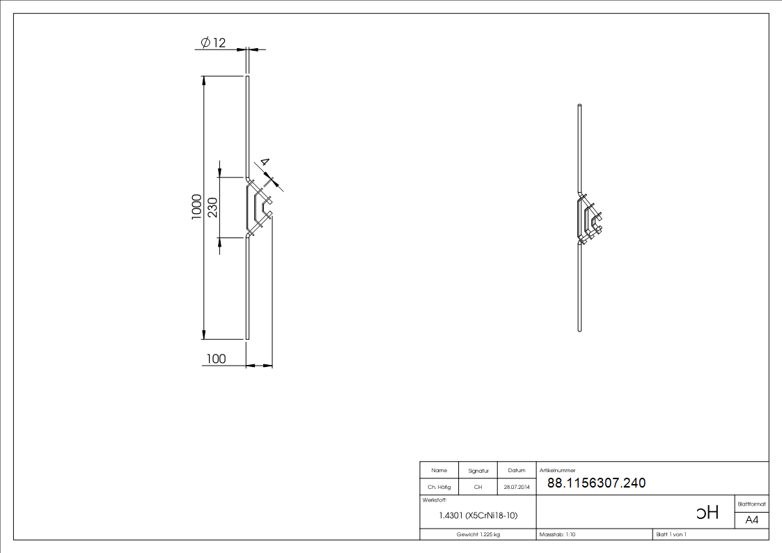 Designstab Edelstahl V2A Ø 12 mm L = 1000 mm geschliffen Korn 240-88-1156307.240
