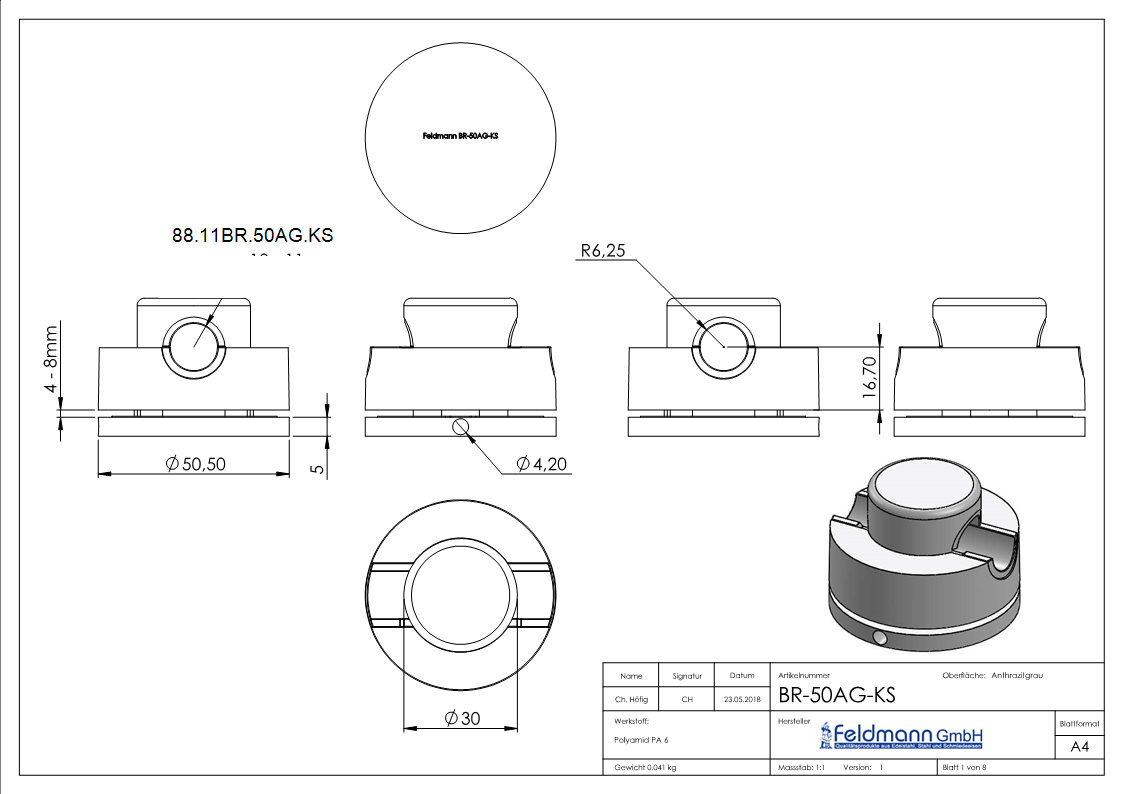 BRENK-fix® Halter Ø 50mm- Kunststoff- anthrazitgrau 4 Stueck-88-11BR-50AG.KS