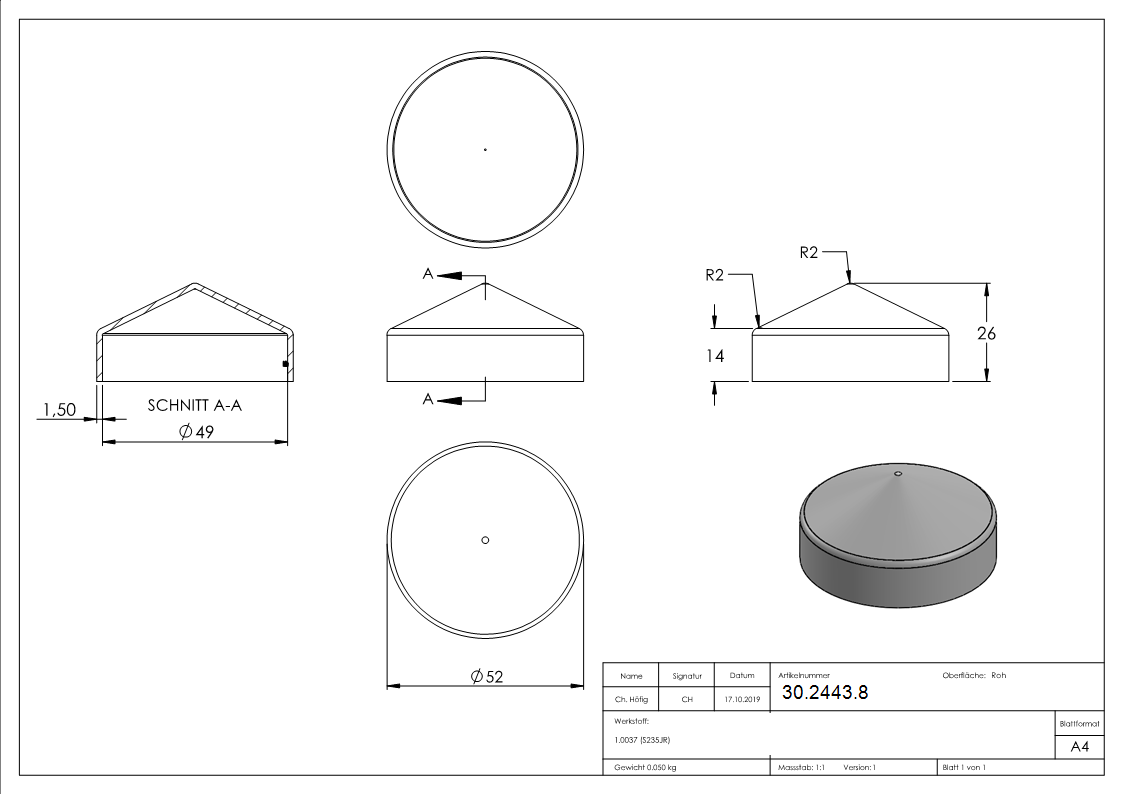 Abdeckkappe - fuer Rundrohr - Ø 48-3 mm - Stahl S235JR- roh-30-2443.8