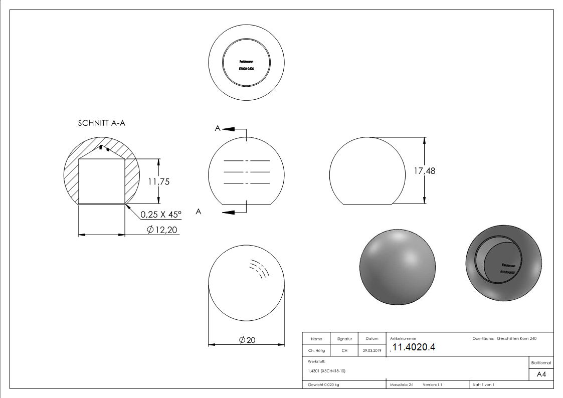 Kugel - Ø 20 mm - mit Sackloch- 12-2 mm - V2A Vollmaterial-11-4020.4
