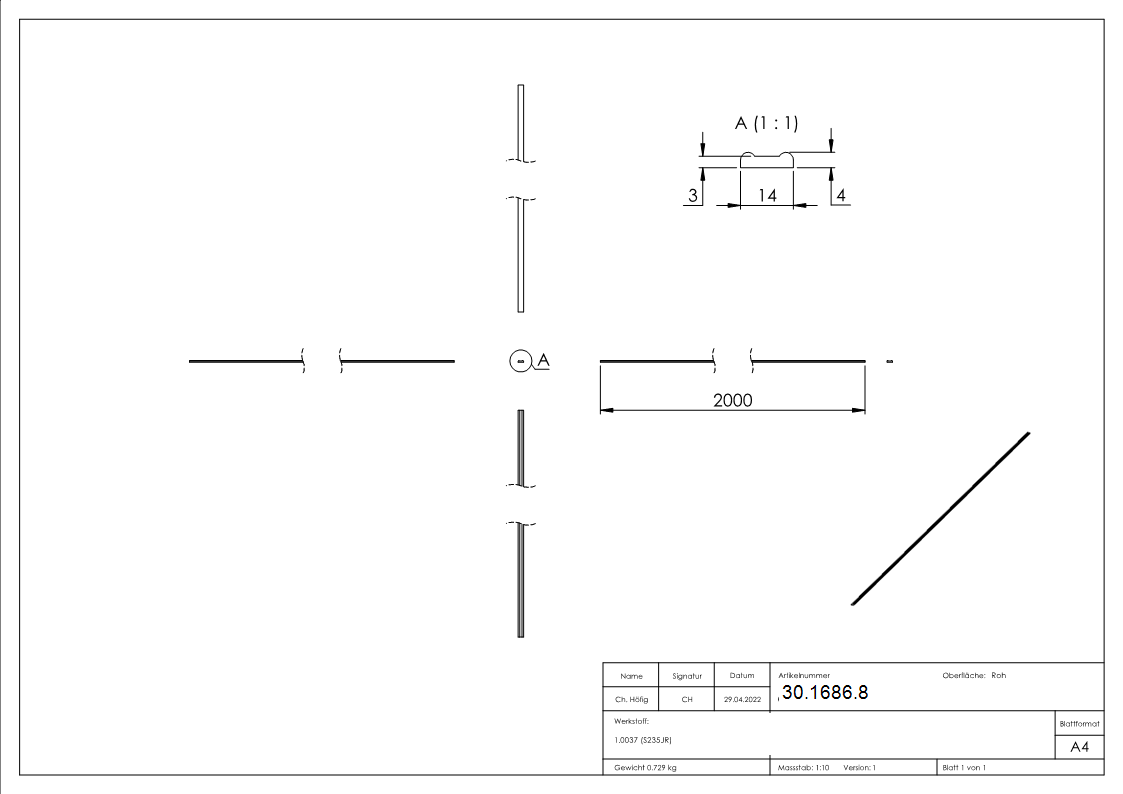 Bundmaterial - Masse- 14x4x3 mm - Laenge- 2000 mm - Stahl S235JR- roh-30-1686.8