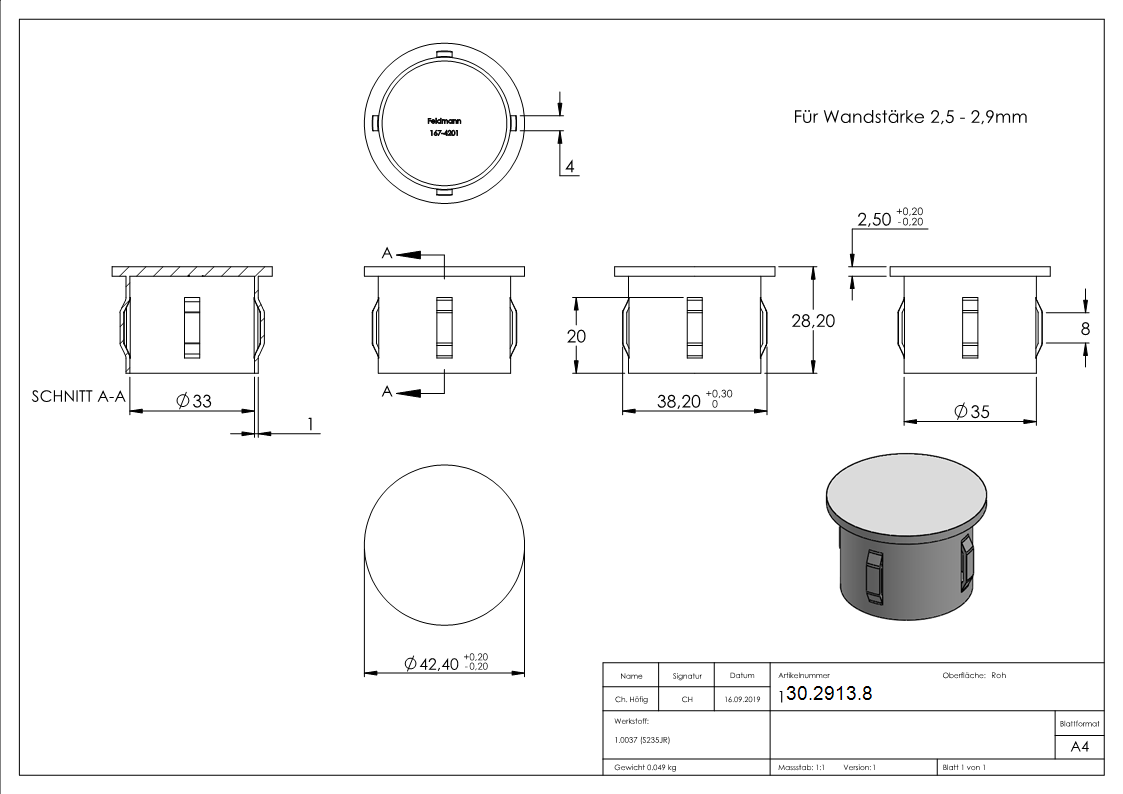Stahlstopfen flach - fuer Rundrohr Ø 42-4x2-5-2-9 mm - Stahl S235JR- roh-30-2913.8