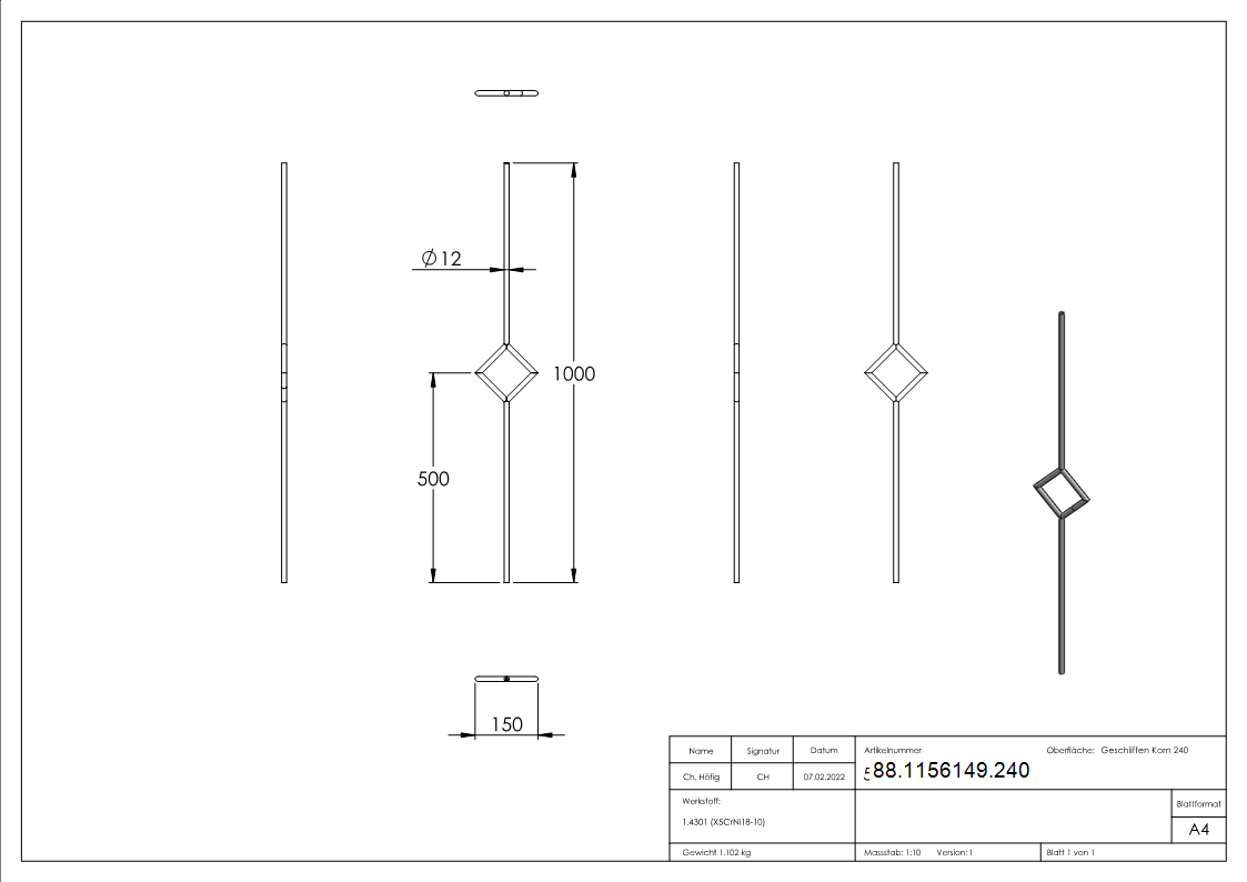 Zierstab Edelstahl V2A Ø 12 mm L = 1000 mm mit Quadrat geschliffen Korn 240-88-1156149.240