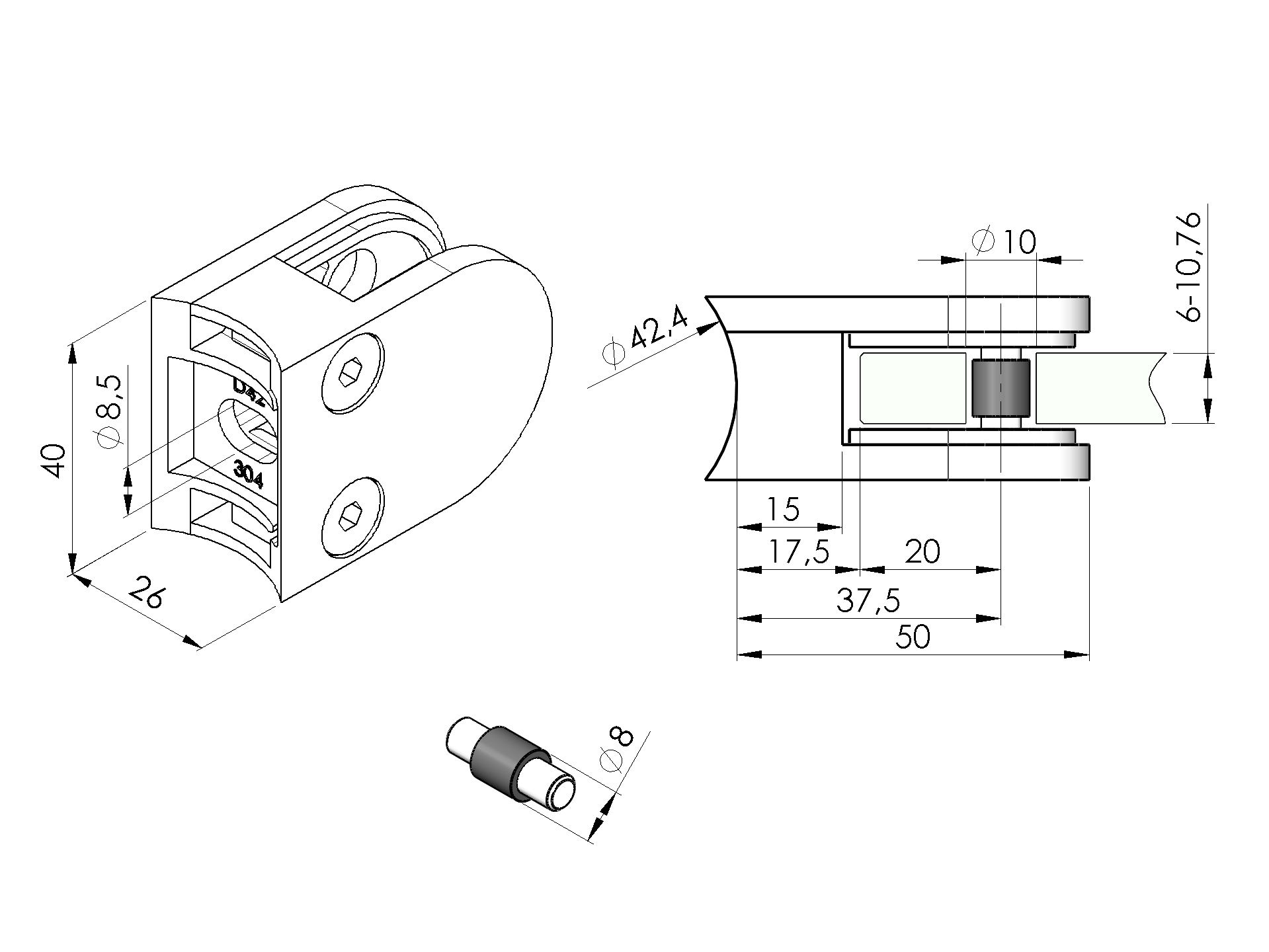Glasklemme Edelstahl AISI 316 geschliffen fuer Pfosten D42-4 Modell 20-18-2042-A.1