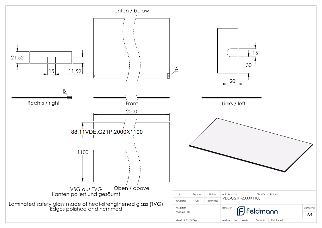 Eleganza canopy Glas- 2000x1100mm VSG aus 2x10mm TVG mit 1-52mm PVB-88-11VDE-G21P.2000X1100
