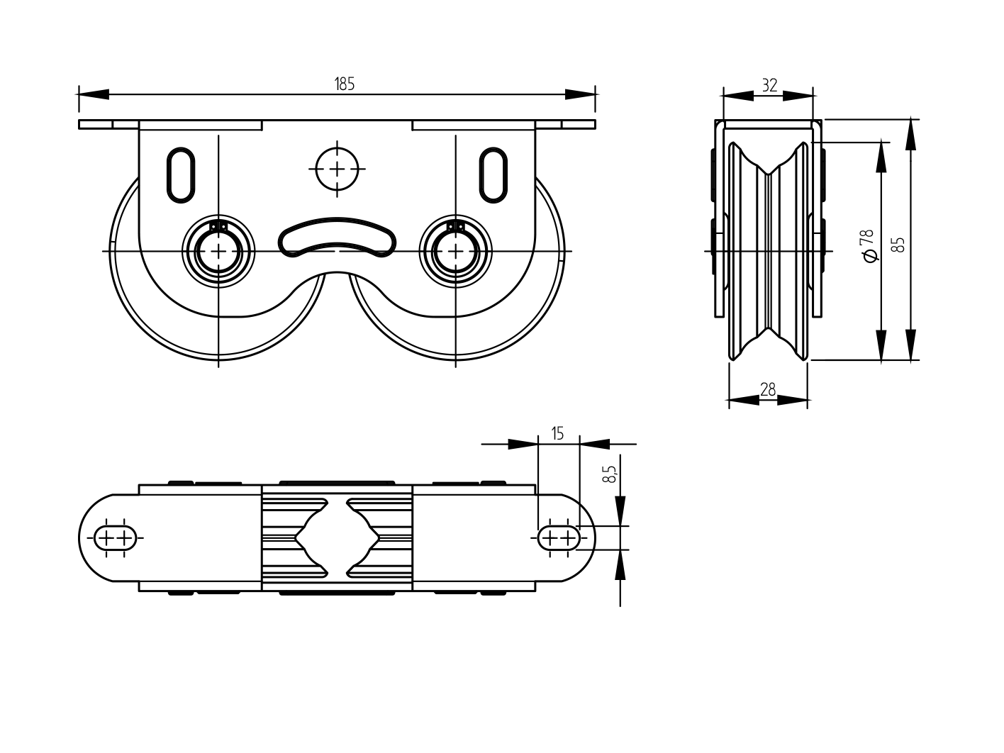 Doppel-Laufrolle Stahl verzinkt  80 mm V-Rille fr Tore bis 600 kg-89-11H31V280HEAVY-A.4
