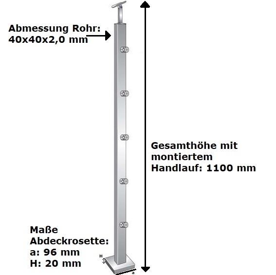Treppenpfosten Edelstahl AISI 304 40x40x1000 mm Oberverankerung 5 Fuellstabhalter d12mm-14-0082ER-A.4