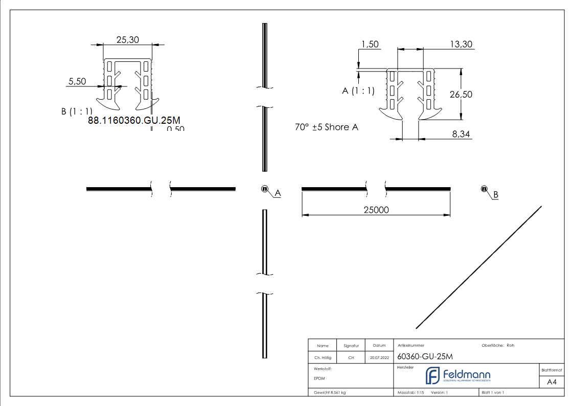 Keildichtung Glas 8-00 - 10-76mm- fuer Nut 24 x 24mm- Laenge 25m- EPDM-88-1160360-GU.25M