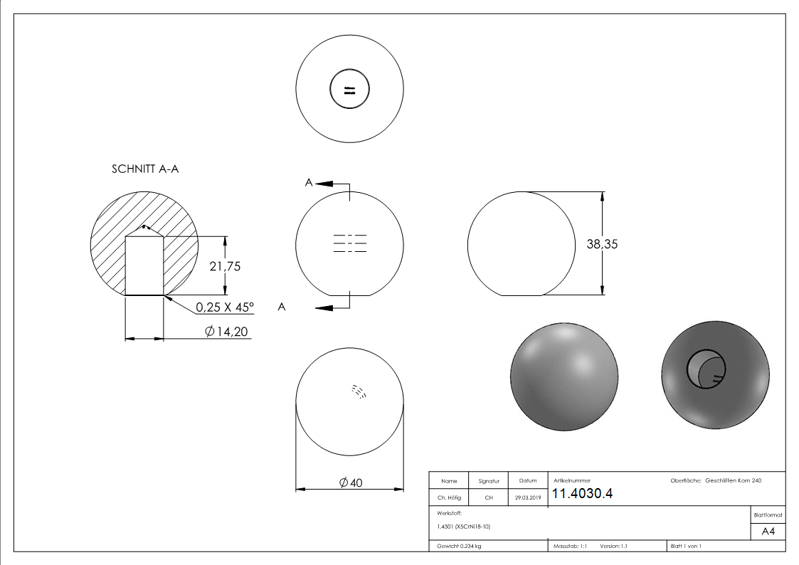 Kugel - Ø 40 mm - Vollmaterial mit Sackloch- 14-2 mm - V2A-11-4030.4