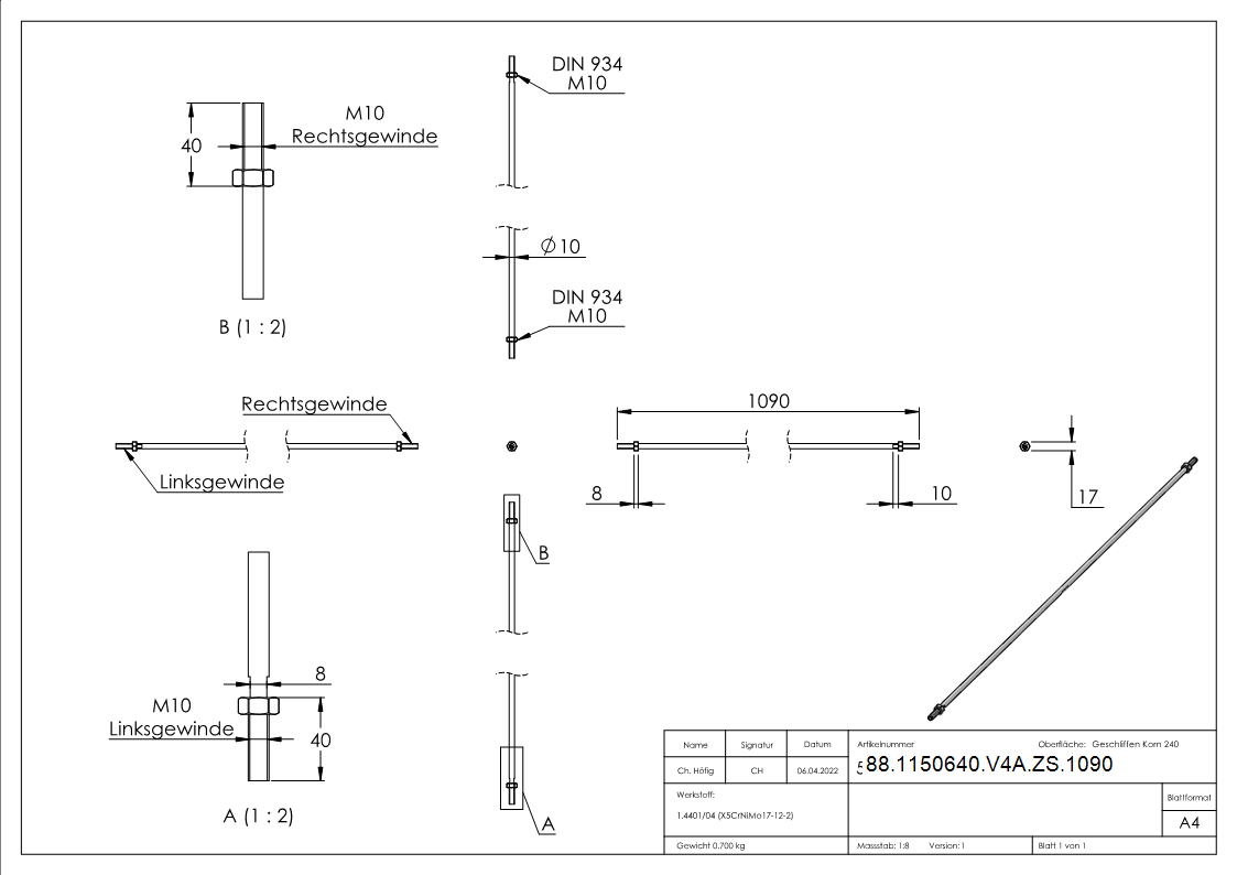 Zugstange Edelstahl V4A L = 1090 mm M10 Links-Rechtsgewinde-88-1150640-V4A-ZS.1090