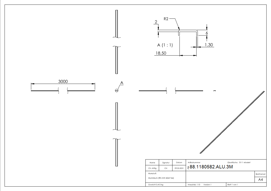 Kantenschutz EXTRA SLIM- fuer Glas 16-00 - 17-52mm- L=3m- Aluminium E4-EV1-88-1180582-ALU.3M