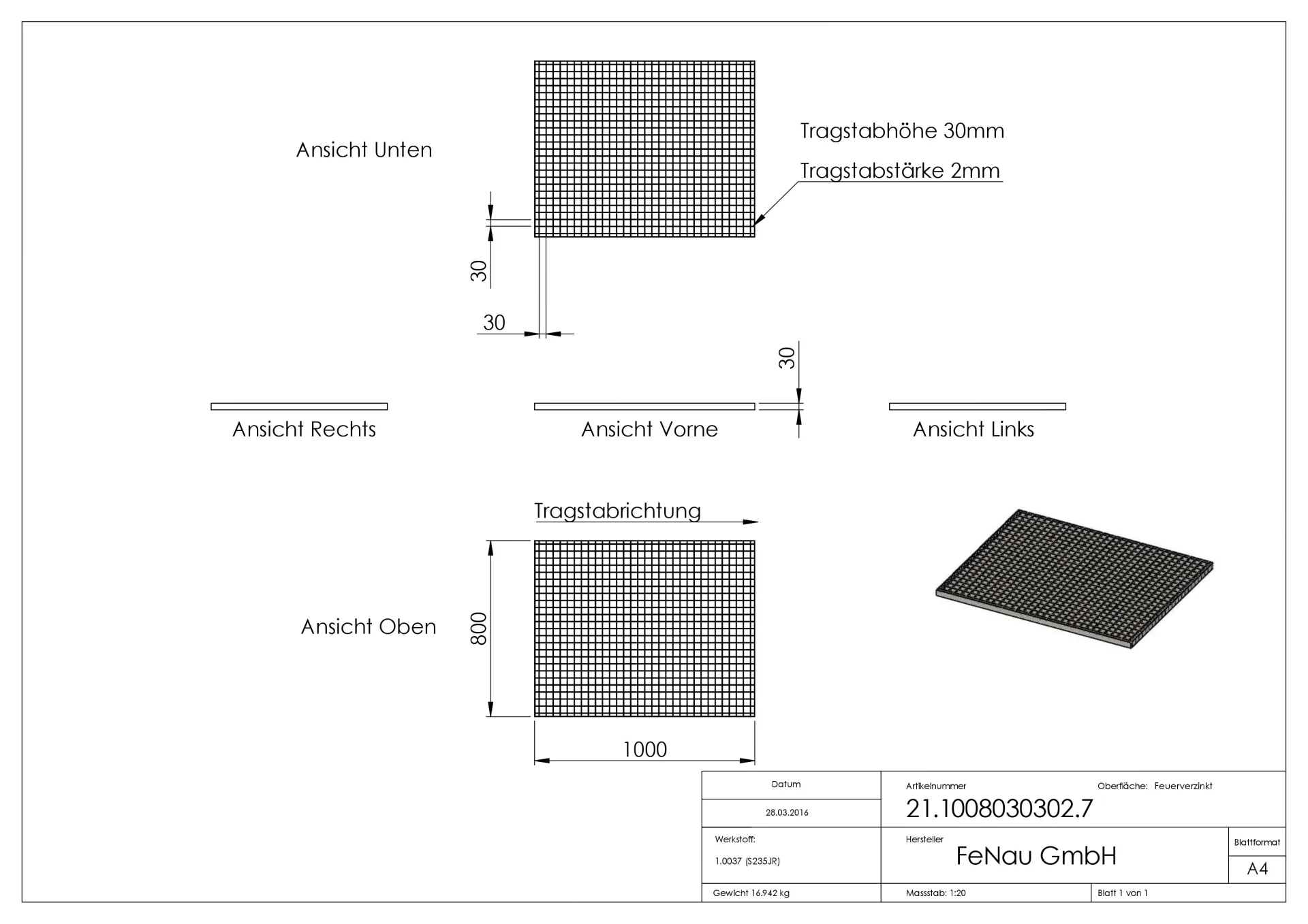 Industrie-Gitterrost - Masse- 1000x800x30 mm; MW 30-30 mm; 30-2 mm - S235JR -St37-2- im Vollbad feuerverzinkt-21-1008030302.7