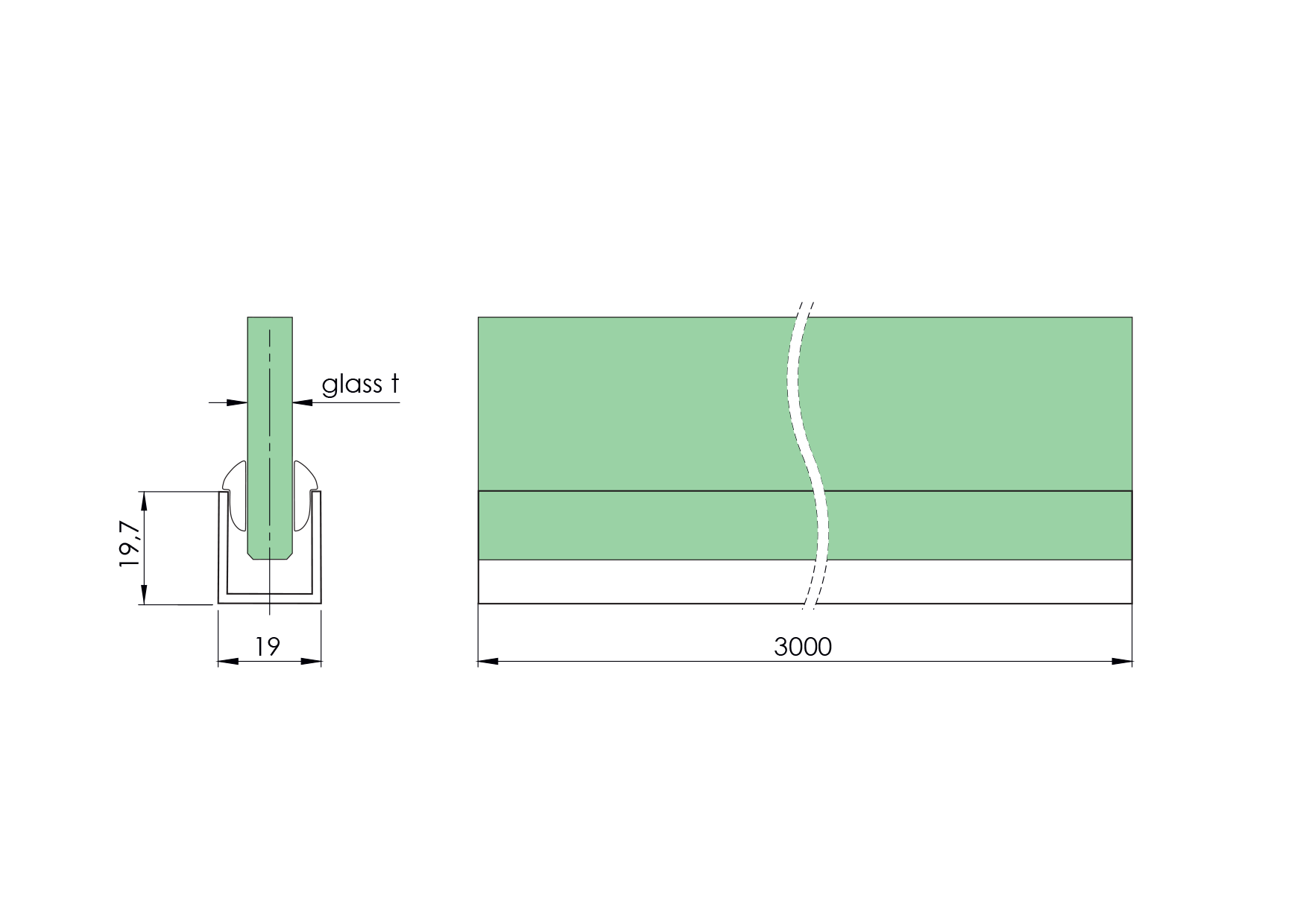 U-Profil Aluminium 20 x 19 x 1-5 mm fuer Glas 8 - 10 mm schwarz eloxiert L=2950mm-89-11GSBLACKZP2019NB-A.4