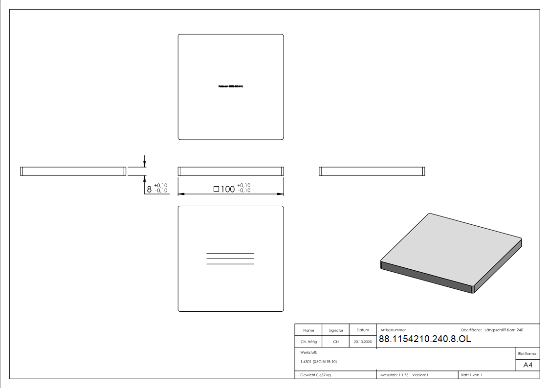 Ankerplatte- 100 x 100 x 8mm- mit Laengsschliff- V2A-88-1154210-240-8.OL