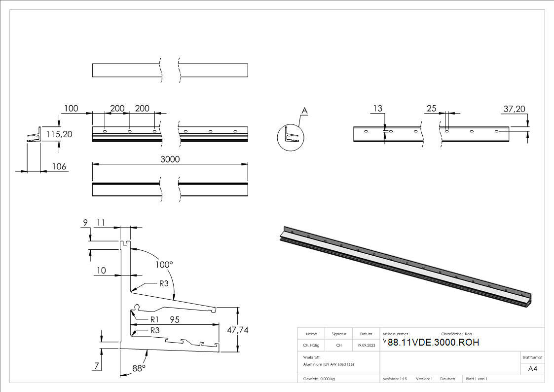 Vordachprofil Aluminium L = 3000 mm roh mit ETA-88-11VDE-3000.ROH