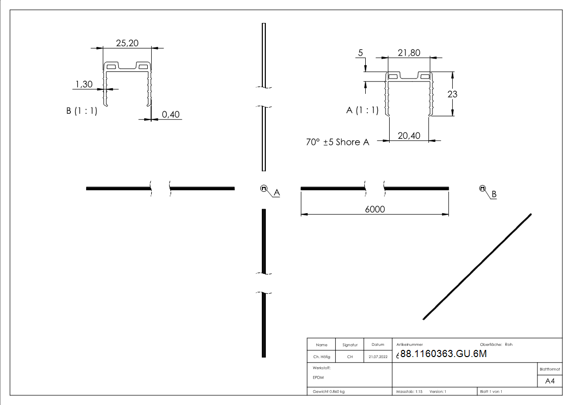Keildichtung Glas 20-76 – 21-52mm- fuer Nut 24 x 24mm- Laenge 6m- EPDM-88-1160363-GU.6M
