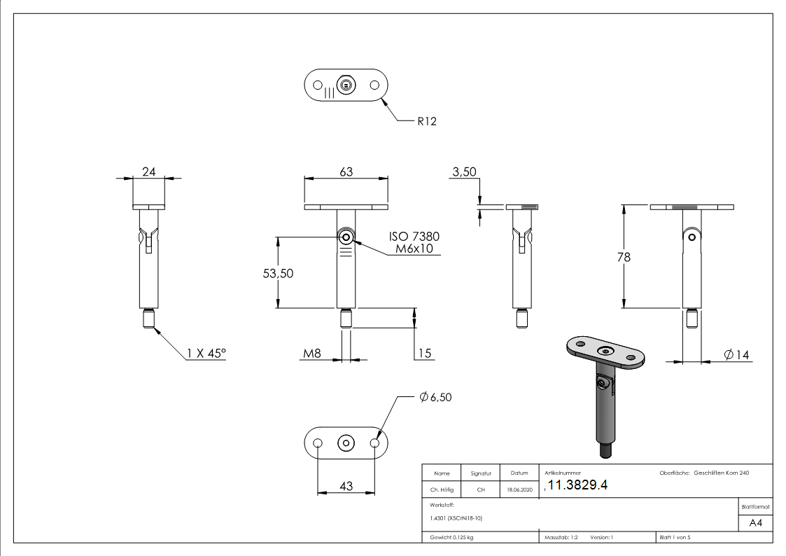 Gelenkstift mit Halteplatte - Anschluss- flach - V2A-11-3829.4