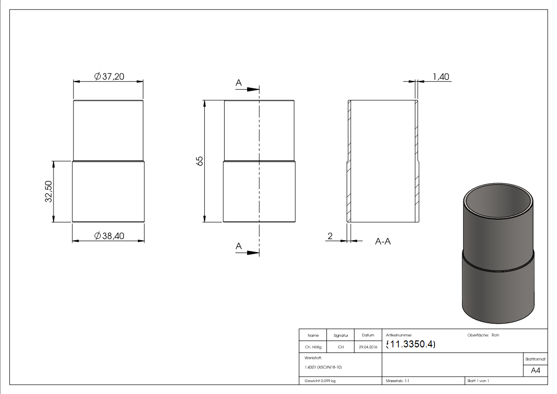 Rohrverbinder V2A Ø 42-4 mm Wandstaerke 2-5 auf 2-0 mm L 65 mm Steckbar-11-3350.4