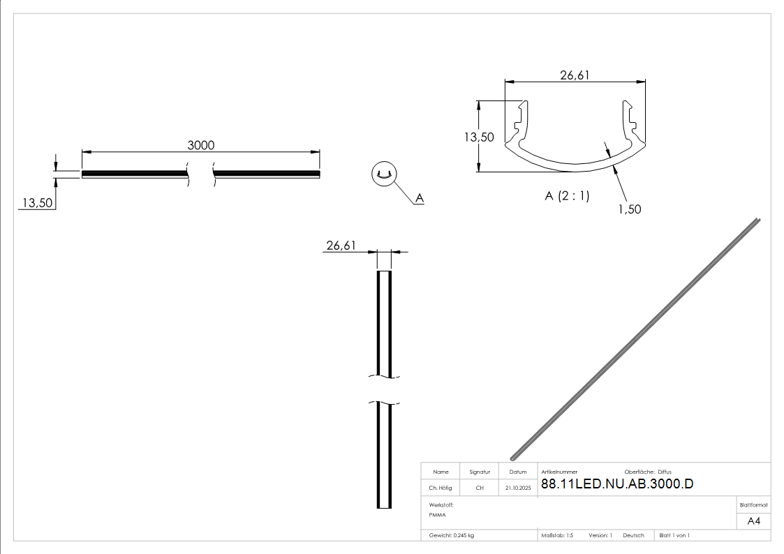 LED Nutrohr Abdeckung PMMA fuer Ø 42-4 mm Rohr- 3000 mm- diffus-88-11LED-NU-AB-3000.D