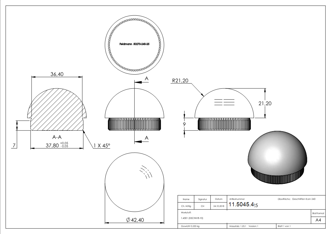 Einschlagkappe V2A Edelstahl fuer Rohr Ø 42-4x2-5 mm halbrund- mit Raendelung-11-5045.4