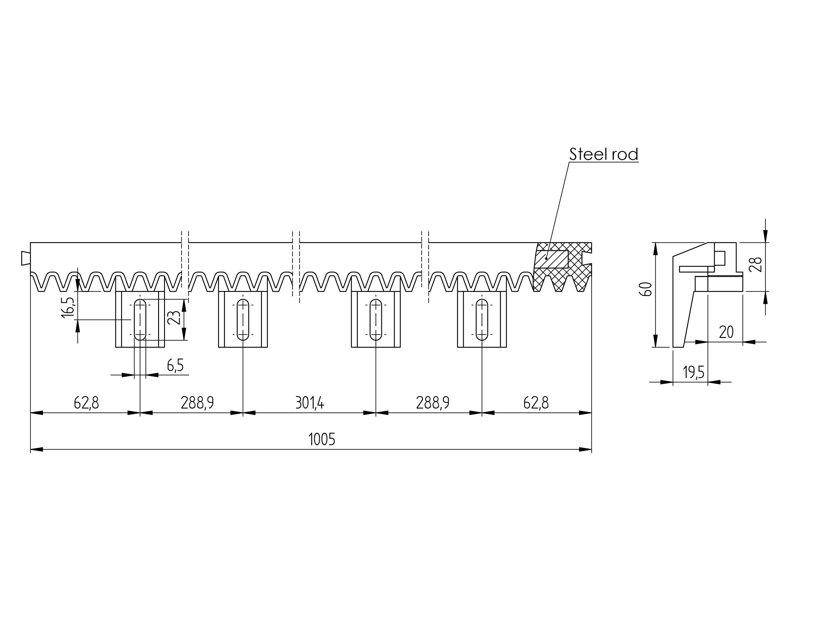 Zahnstange Kunststoff mit Stahlkern Modul 4 27 mm fuer Tore bis 300 kg-89-11H01PVCJBS-A.4