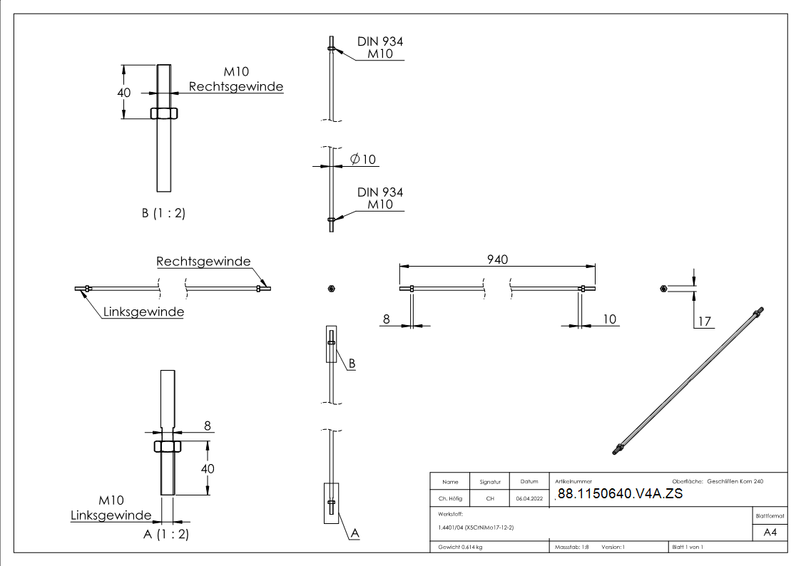 Zugstange zu Vordachsystem- V4A-88-1150640-V4A.ZS