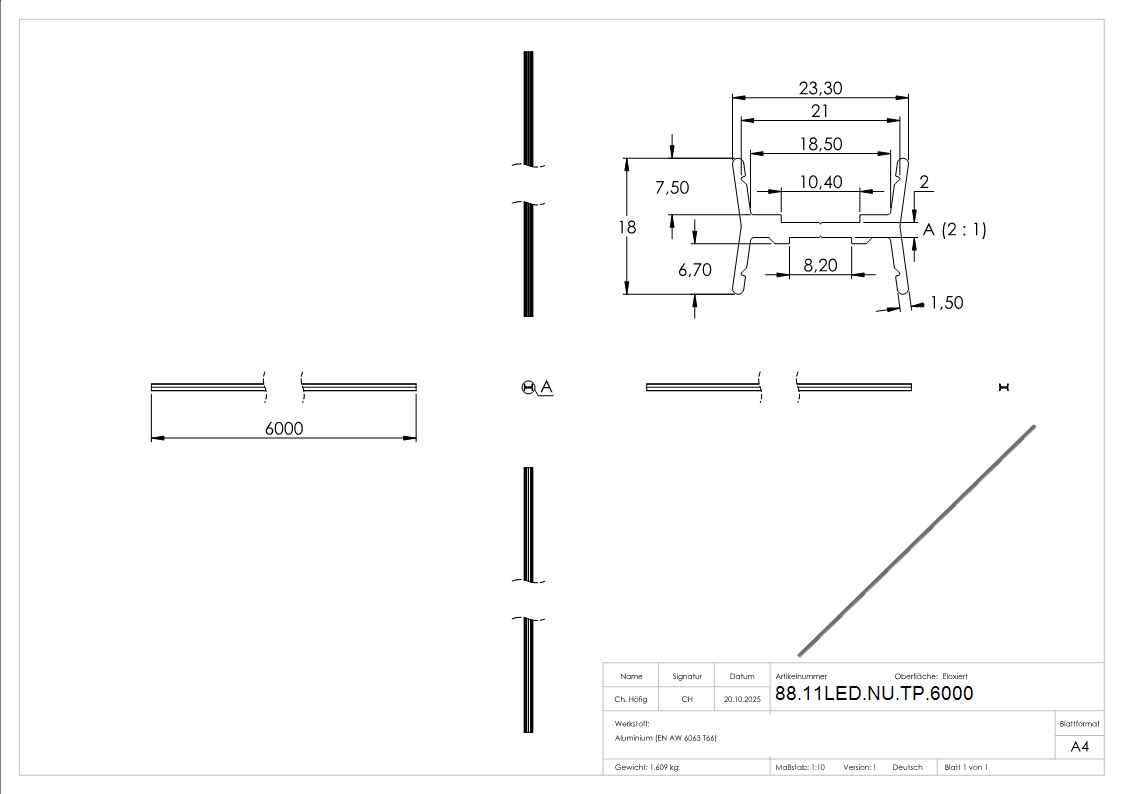LED-Nutrohr LUNORA®- Aluminium Traegerprofil zum Wenden- fuer Rund-Nutrohr 42-4mm-  L- 6000mm-88-11LED-NU-TP.6000