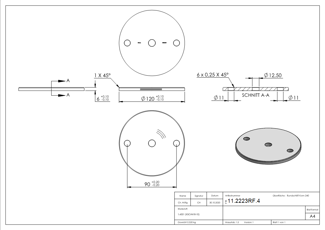 Ankerplatte Ø 120 x 6 mm mit Zentrierbohrung- Ø 12-5 mm V2A-11-2223RF.4