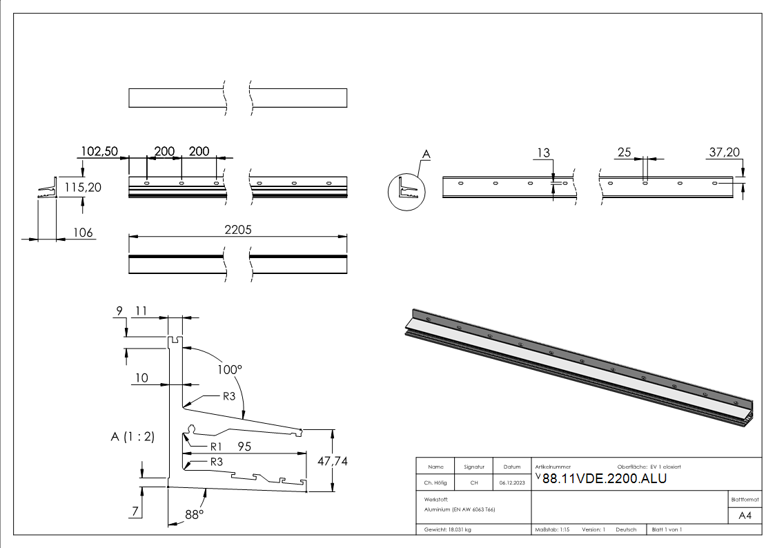 Vordachprofil eleganza canopy- L=2205mm- E4-EV1-88-11VDE-2200.ALU
