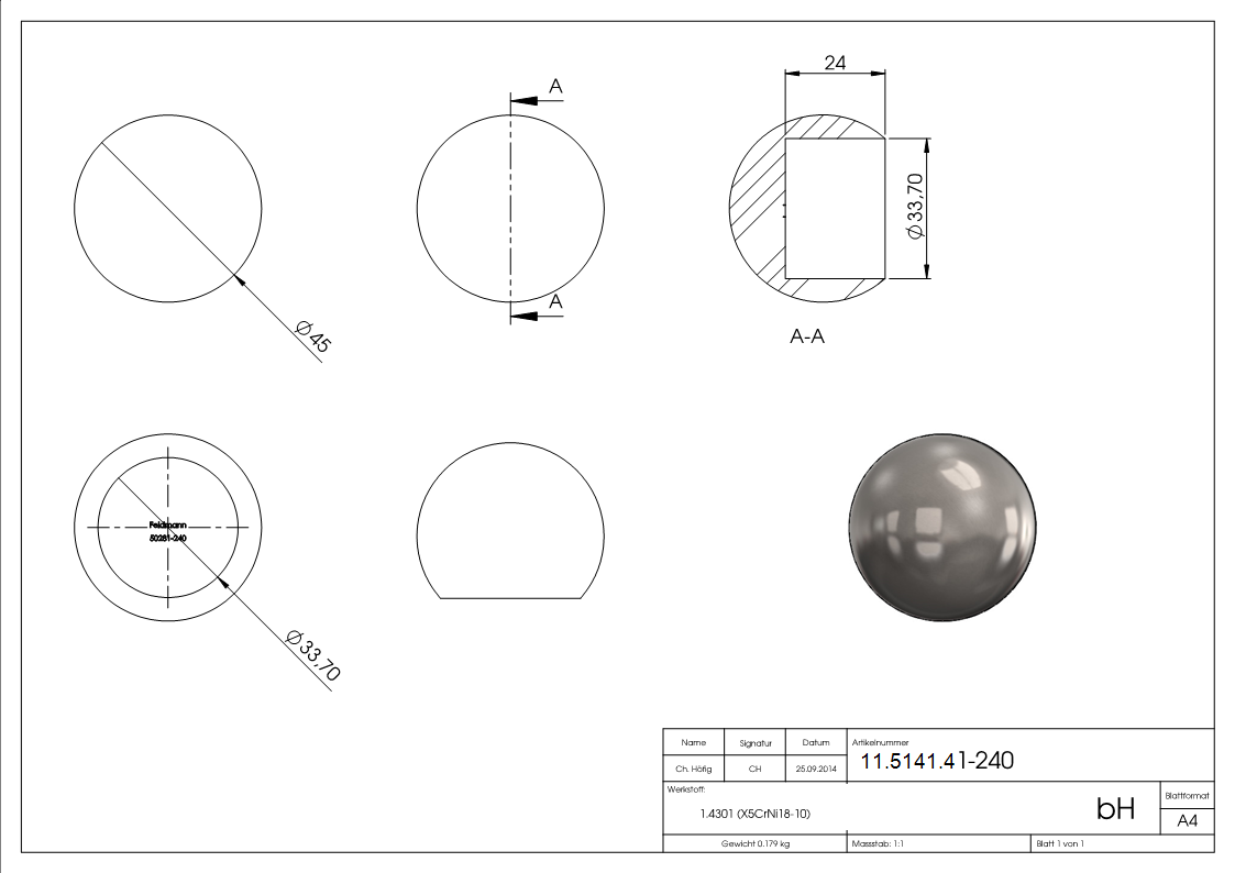 Rohrabschlusskugel V2A Vollmaterial fuer Ø 33-7 mm-11-5141.4