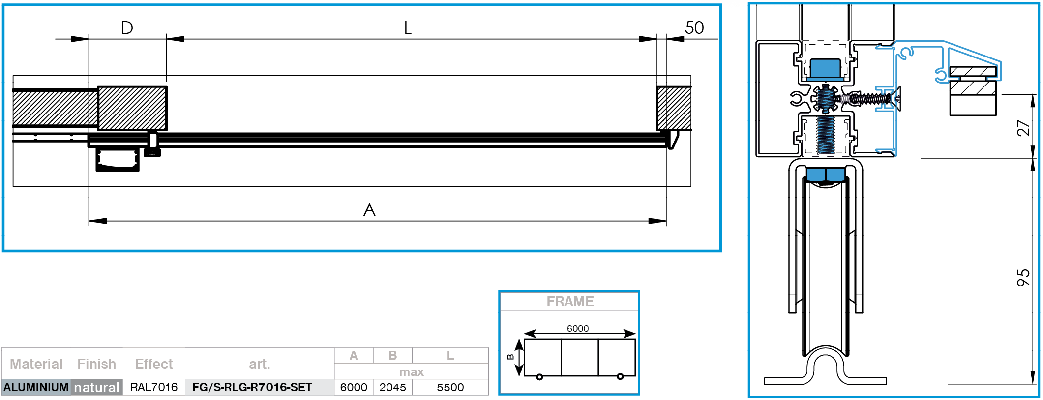 Schiebetor Aluminium - Edelstahl V2A 6000 x 2045 mm RAL 7016 Bausatz-89-11FGSRLGR7016SET-A.4