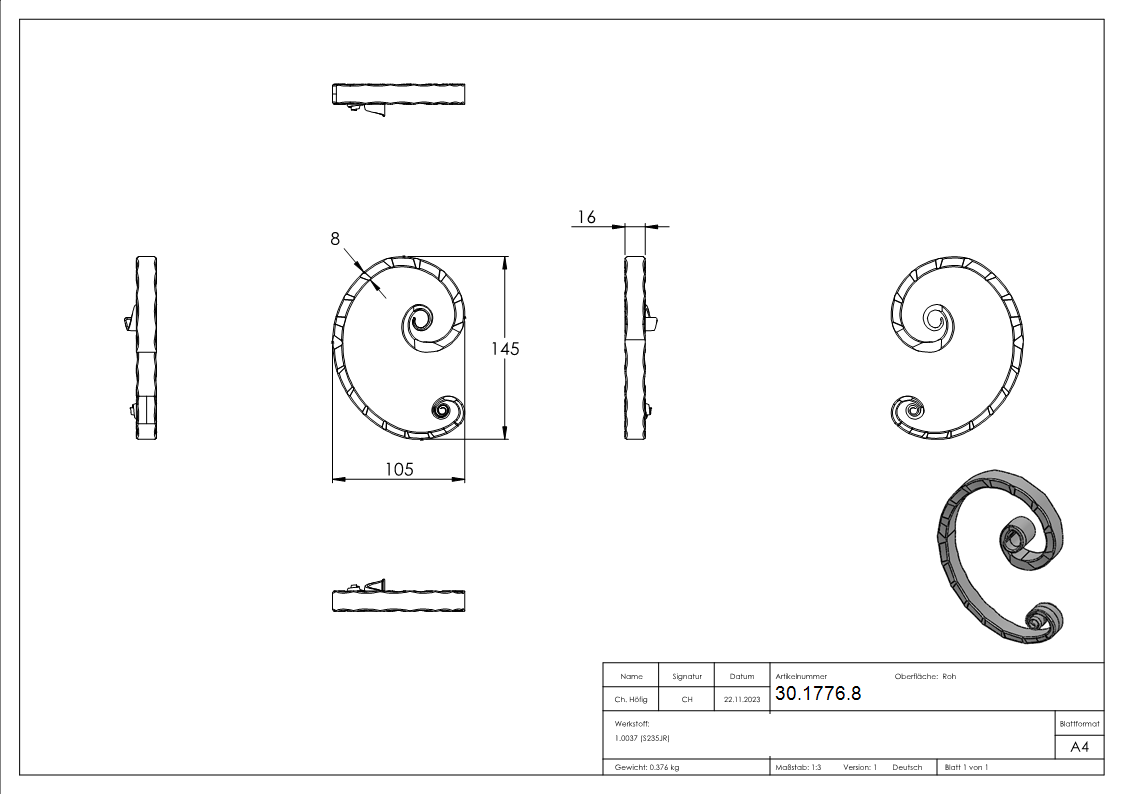 Meisterbarock - Masse- 105x145 mm - Material- 16x8 mm - Stahl S235JR- roh-30-1776.8