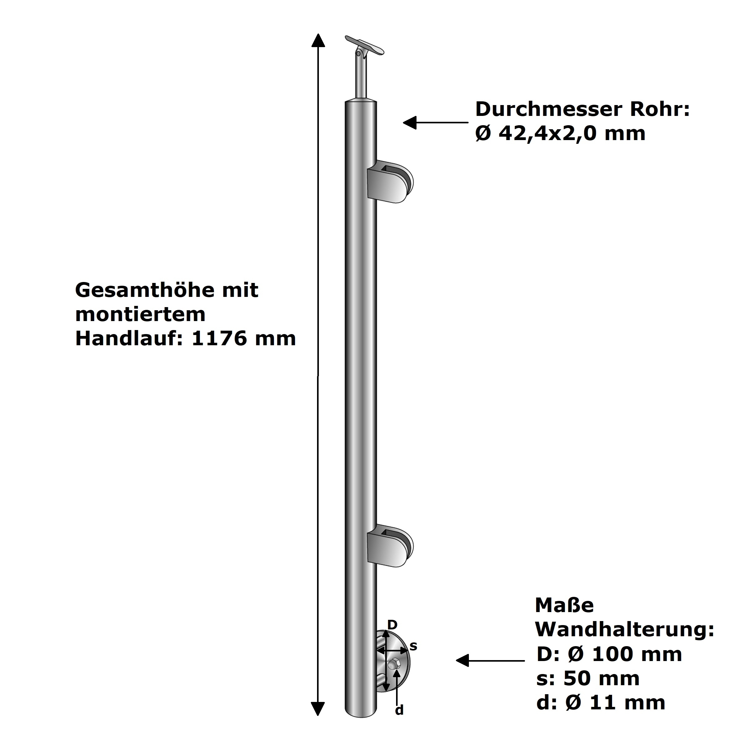 Glasgelaenderpfosten V2A 1000 mm Seitenmontage geschliffen fuer Glas 8-76 mm rechts-14-0042RG-A.4