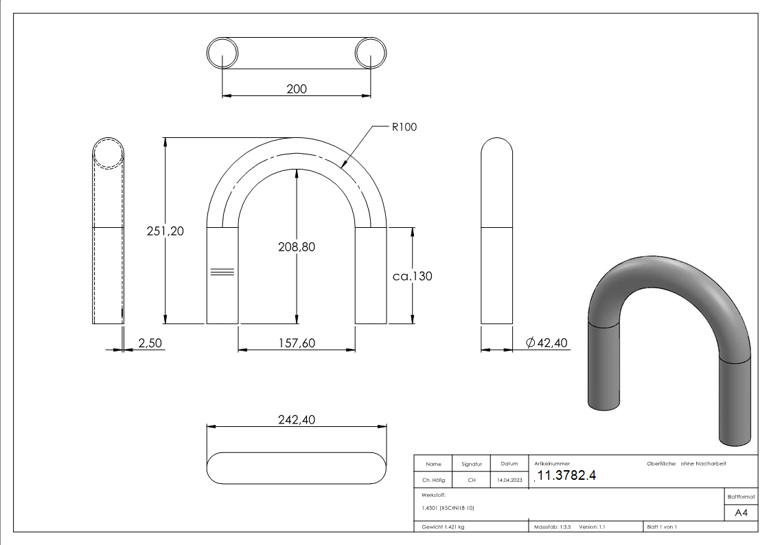 Bogen 180° zum Schweissen aus Rundrohr- Ø 42-4x2-6 mm V2A-11-3782.4