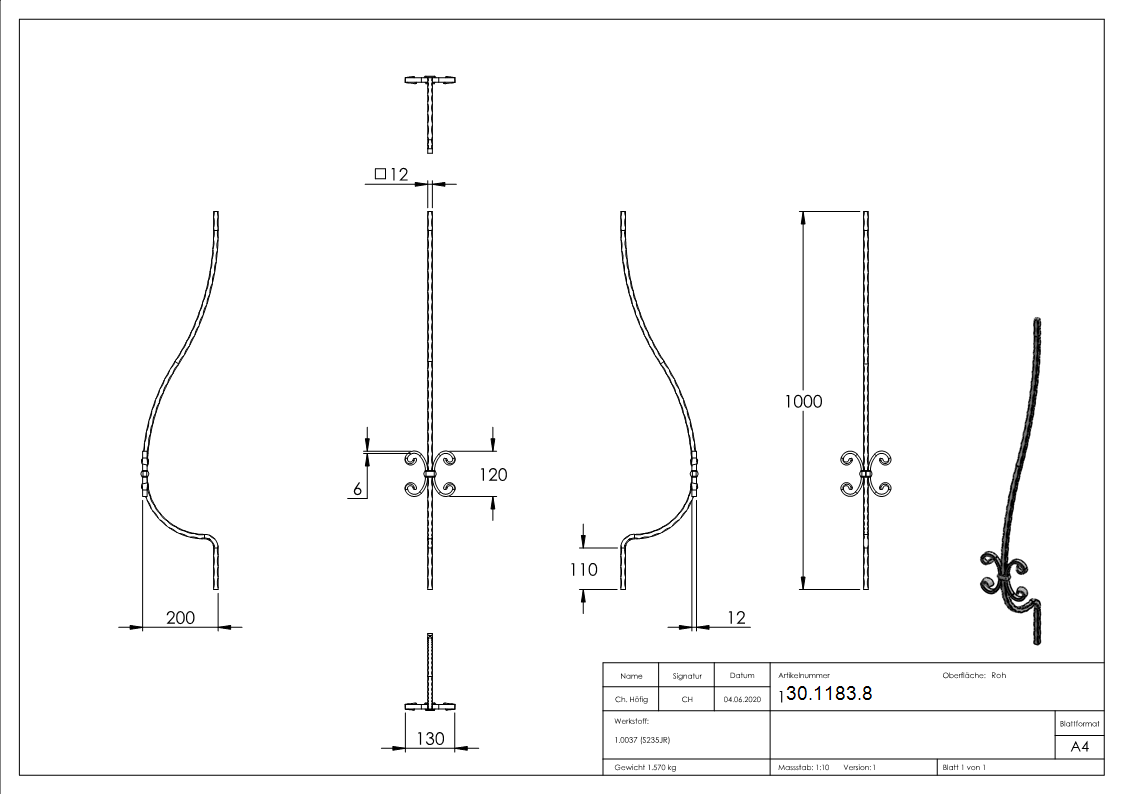 Bauchstab - Laenge- 1000 mm - Material- 12x12 mm - Stahl S235JR- roh-30-1183.8