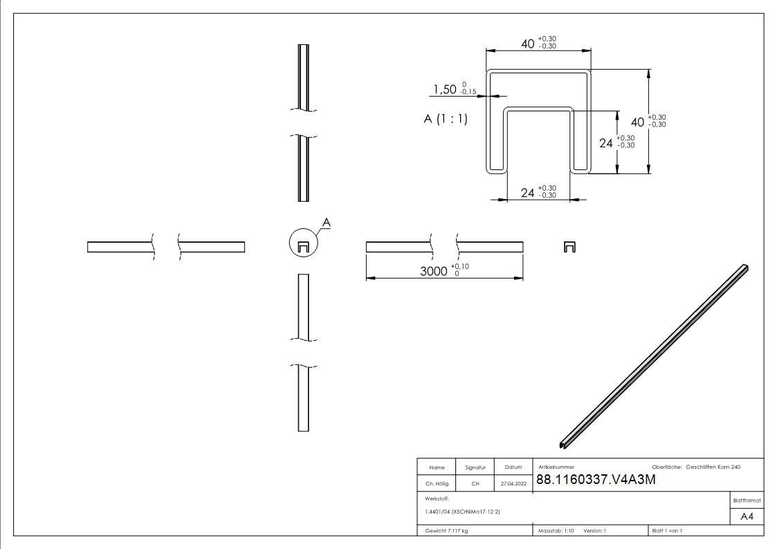 Quadratnutrohr- 40 x 40 x 1-5 mm- Laenge- 3000mm Edelstahl-88-1160337.V4A3M