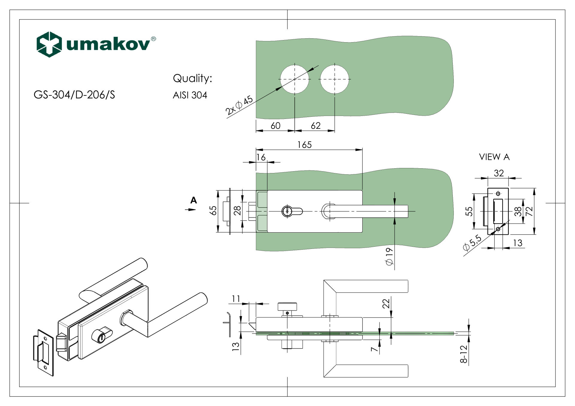 Glastuerschloss PZ mit Druecker- Edelstahl schwarz fuer 8-12mm Glas-89-11GSBLACKD206S-A.4