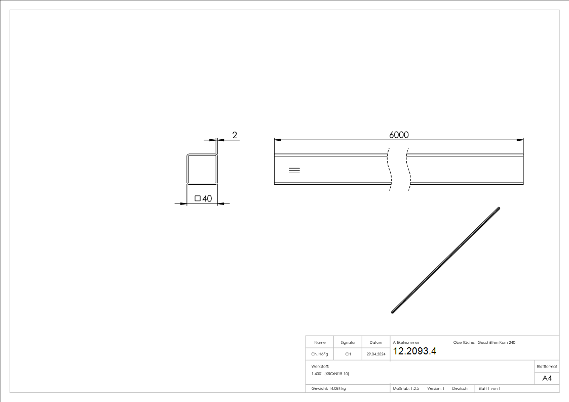 Vierkantrohr 40x40x2-0 mm á 6 m V2A Edelstahl-12-2093.4