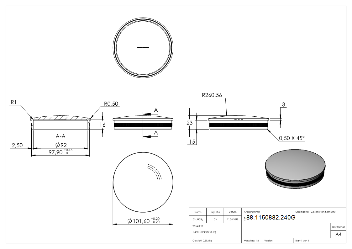 Rohrabschlussstopfen V2A Edelstahl fuer Rohr Ø 101-6 mm- 2-0 mm Wandstaerke- leicht gewoelbt-88-1150882.240G