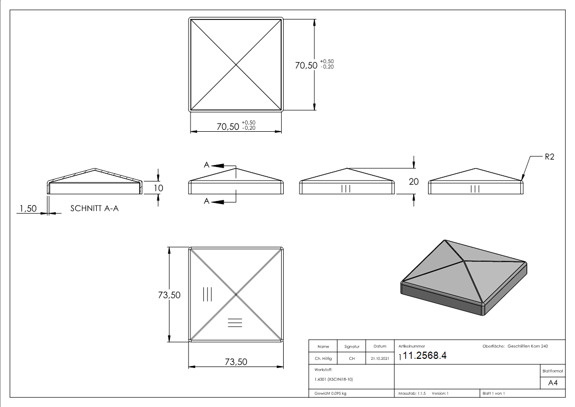 Pfostenkappe Edelstahl fuer Vierkantrohr- 70x70 mm geschliffen V2A-11-2568.4