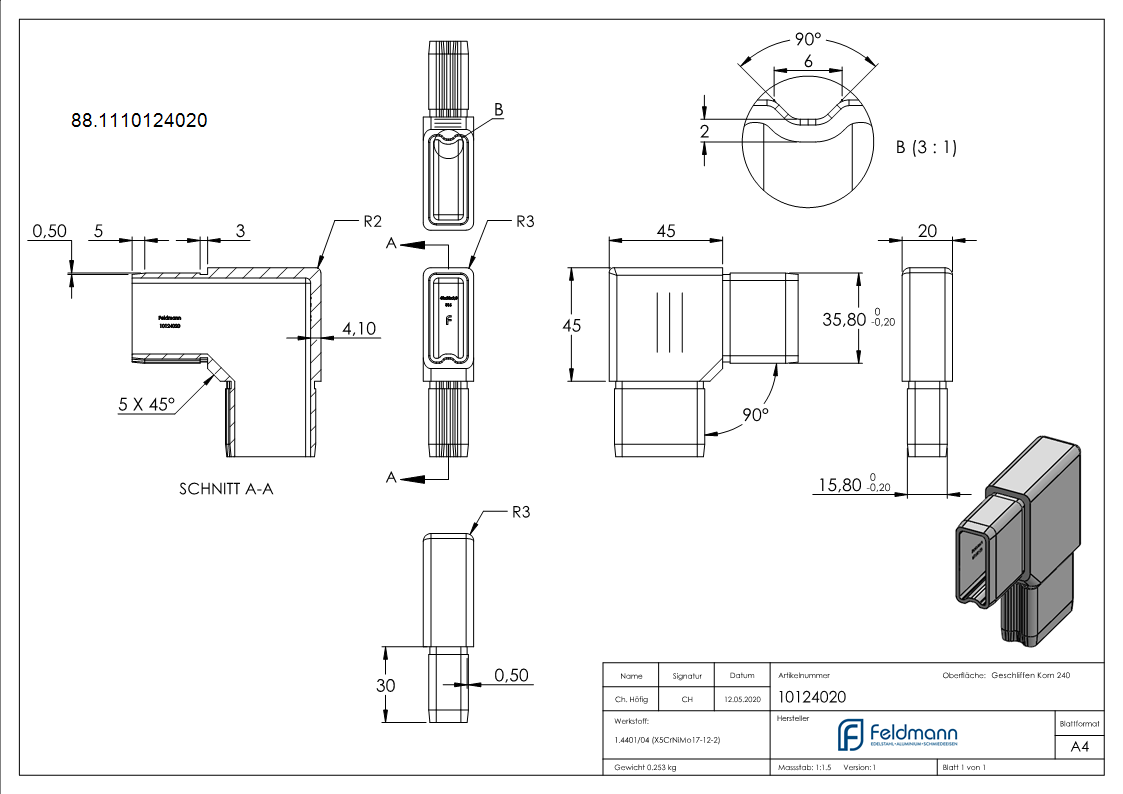Steckverbinder 90° V4A fuer Rechteckrohr 40x20x2 mm zum Stecken-88.1110124020
