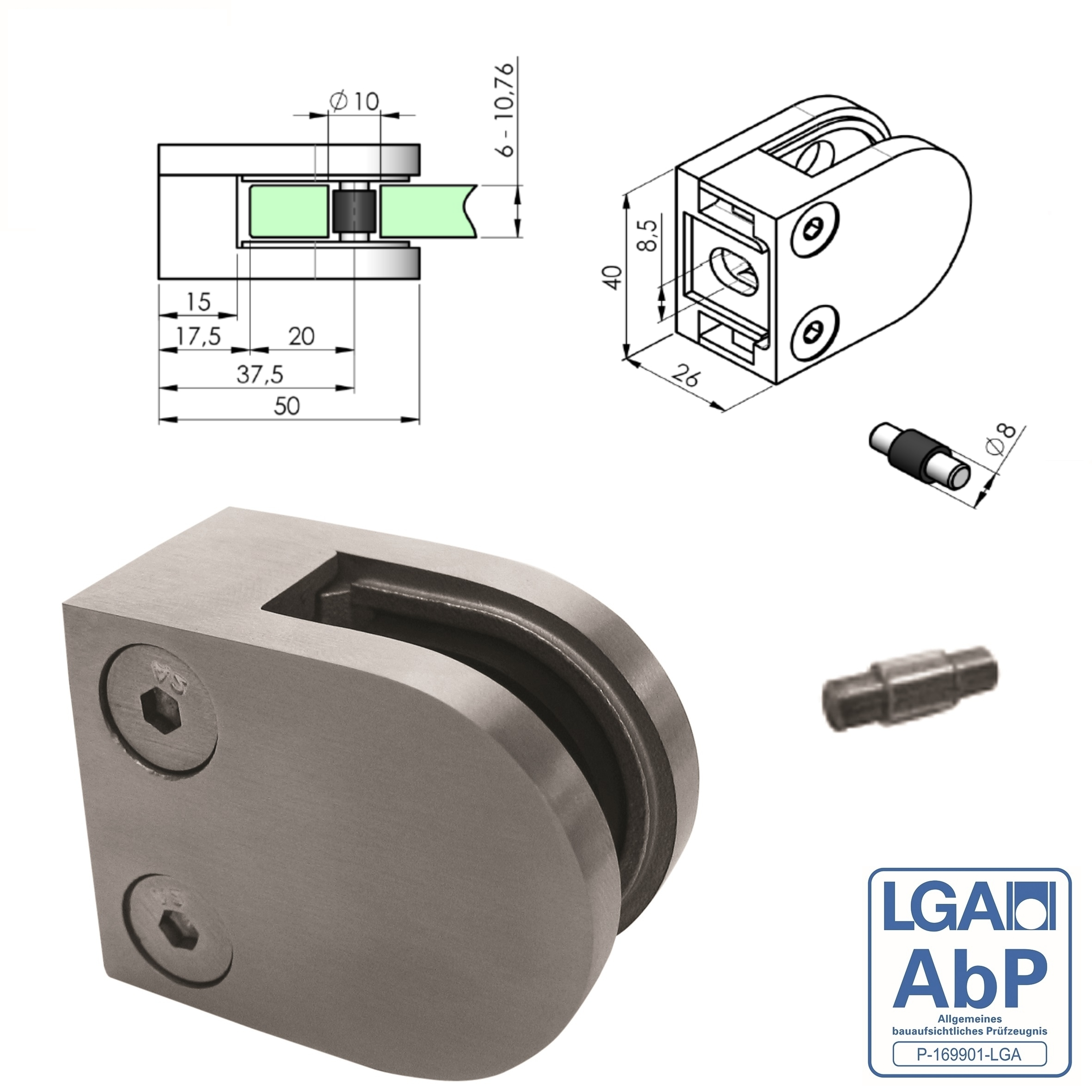 Glasklemme - Masse- 50x40x26 mm - Anschluss flach - V2A 1 Parr Gummis 8-00 mm ESG-18-2000-A.4-6