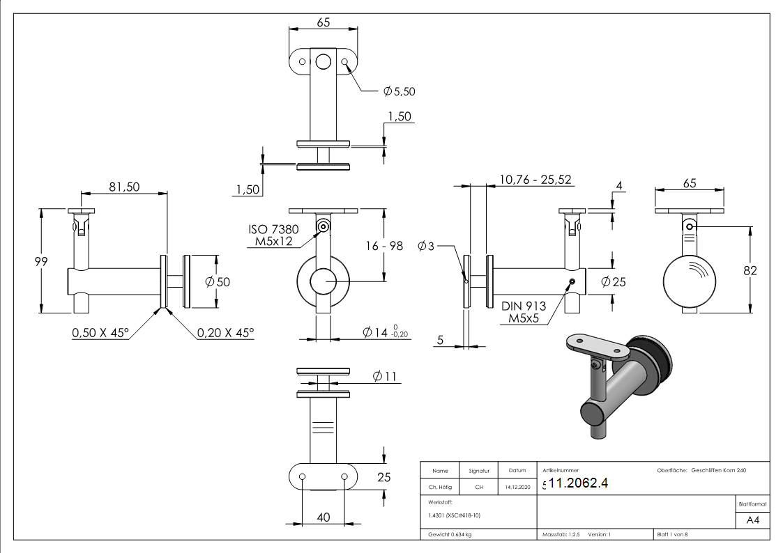 Handlaufhalter mit Gelenk fuer Glas und Halteplatte fuer flachen Anschluss V2A-11-2062.4